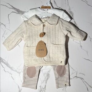 Cream Quilted Baby Jacket with Striped Pants